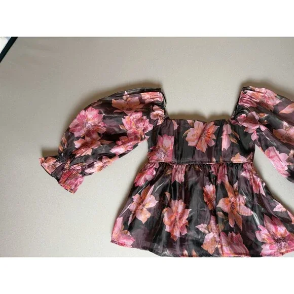 Nasty Gal Floral Smocked Peplum Blouse XS Sheer Long Sleeve Pink & Black - Picture 6 of 10